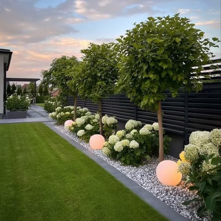 Modern Garden Border Landscape with Decorative Trees & Ambient Globe Lighting