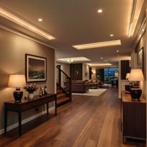 Modern Ambient Wooden Flooring Interior Design with Warm Ceiling Lighting