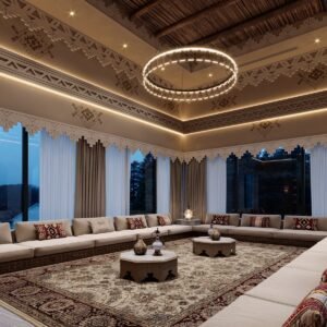 Modern Luxury Majlis Seating with Contemporary Lighting & Elegant Finishes