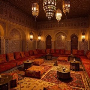 Traditional Arabic Majlis Seating with Ornate Ceiling & Lantern Lighting
