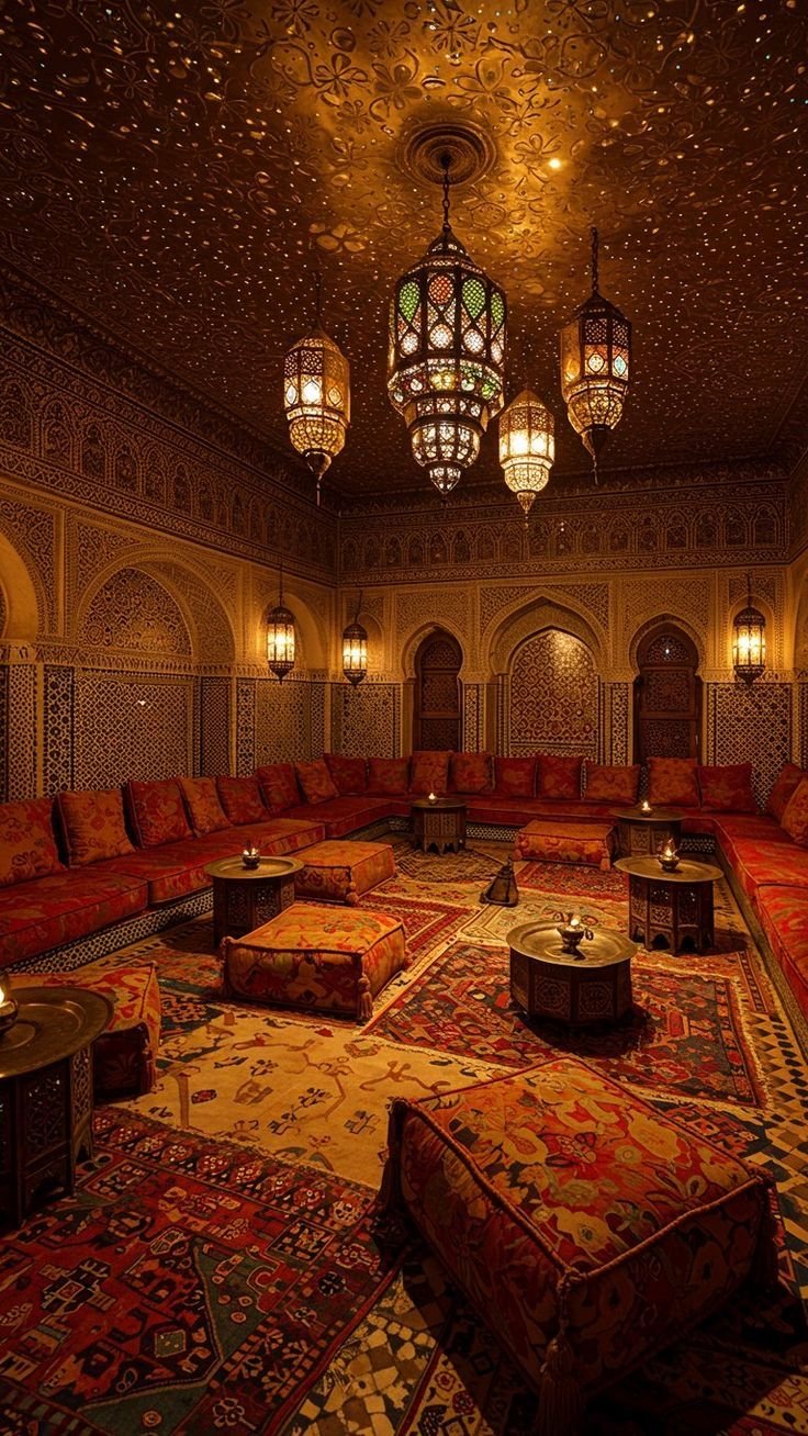 Traditional Arabic Majlis Seating with Ornate Ceiling & Lantern Lighting