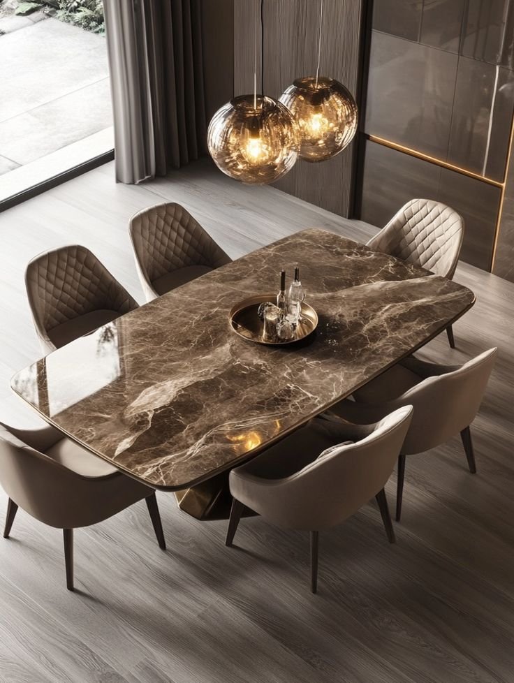 Luxury Marble Dining Table Set with Upholstered Chairs