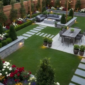 Luxury Backyard Patio Garden Design with Seating Area, Fire Pit & Layered Greenery