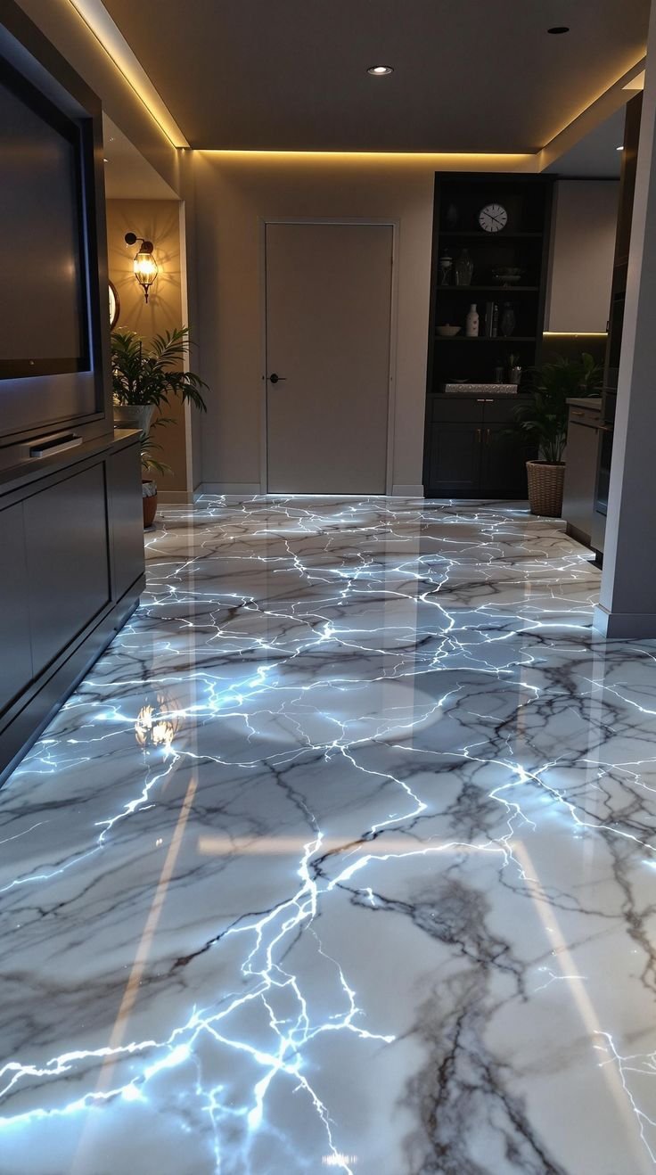 Luxury Marble Effect LED Lightning Floor Design – Futuristic Interior Finish