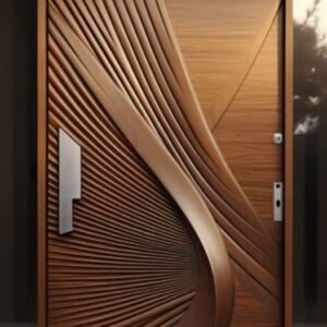Modern Wave-Carved Wooden Main Door with Sculpted Linear Texture