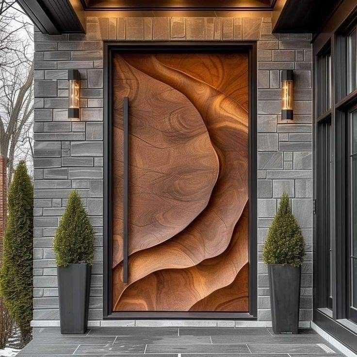Luxury Hand-Carved Wooden Entrance Door with Organic Flow Design